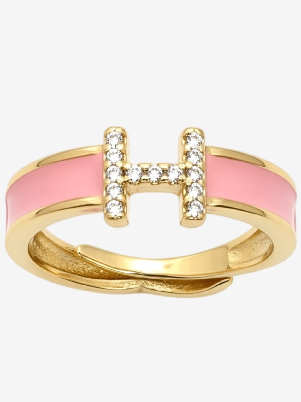 Pink Enamel Designer Inspired Gold Filled H Adjustable Accent Ring NWOT